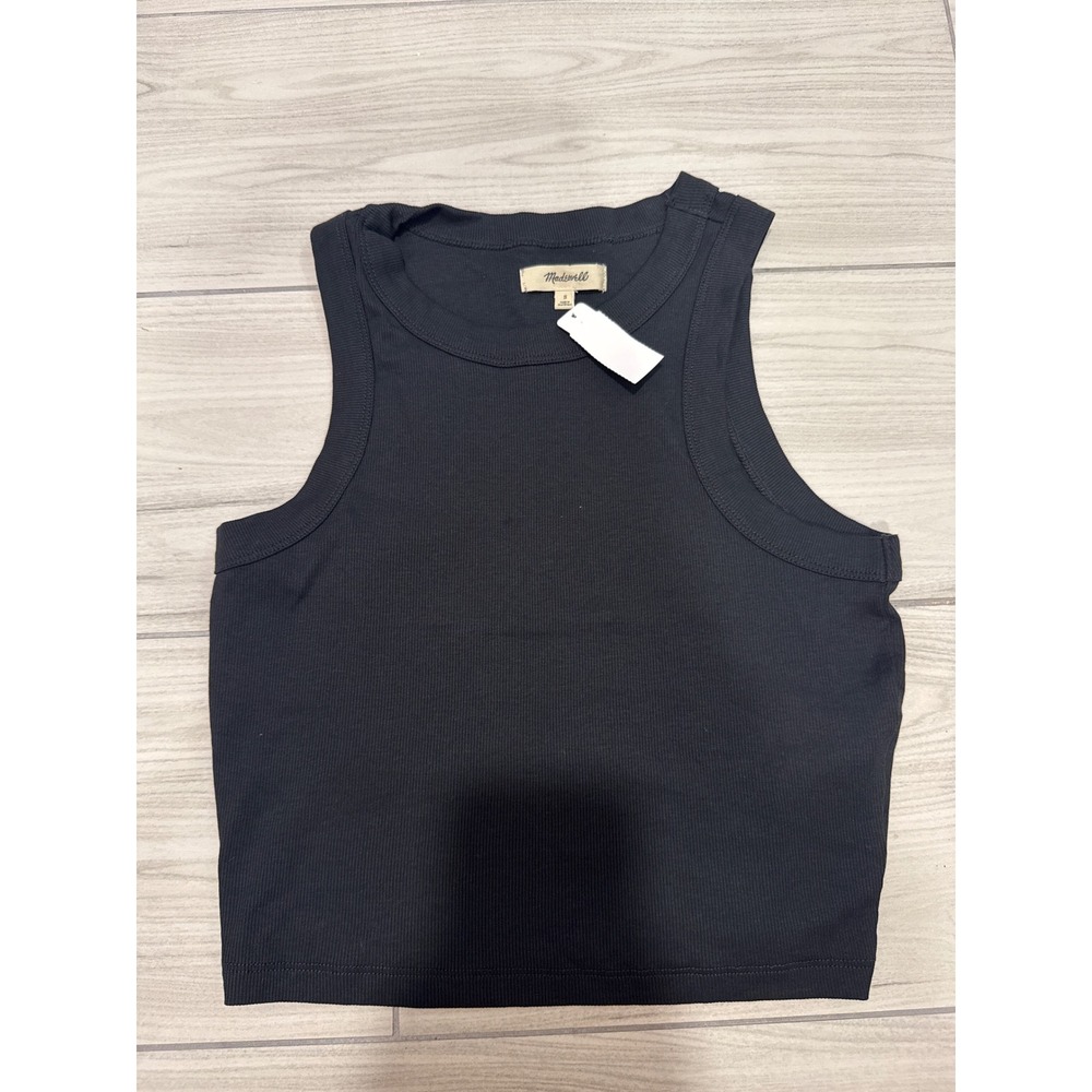 Madewell Brightside High-Neck Tank Top Black Ribbed Crop Small NWT